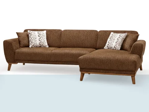 Kahverengi dokulu kumaşlı, ahşap ayaklı modern köşe koltuk; sağ taraf şezlong uzatmalı