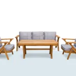Alaçatı bahçe oturma takımı; ahşap iskelet, minderli ikili ve tekli koltuk, masa
