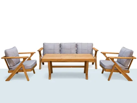Alaçatı bahçe oturma takımı; ahşap iskelet, minderli ikili ve tekli koltuk, masa
