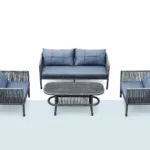 Oscar Çay Seti, rattan görünümlü örgü yapısı ve temperli cam sehpasıyla bahçe ve teras kullanımına uygun dış mekân oturma grubu