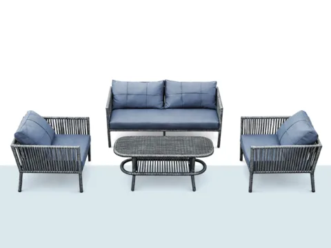 Oscar Çay Seti, rattan görünümlü örgü yapısı ve temperli cam sehpasıyla bahçe ve teras kullanımına uygun dış mekân oturma grubu