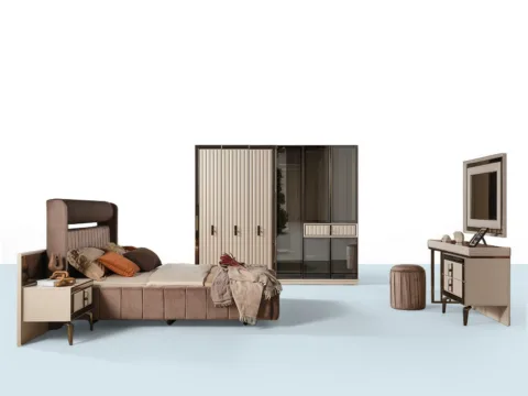 Yatak odası takımı – yatak, gardırop, komodin, şifonyer ve ayna içeren takım görseli