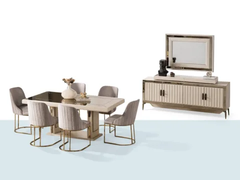 Milenyum Yemek Odası Takımı – masa, sandalyeler ve konsol + ayna takım görseli