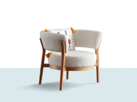 Moda Berjer – dokulu açık renk kumaşlı, ahşap ayaklı tekli berjer koltuk görseli