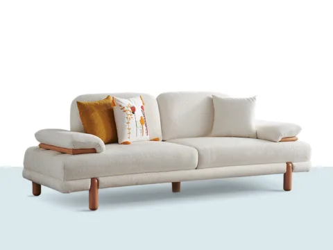 Alternatif metin (Alt text) Moda 3’lü Kanepe – açık renk kumaşlı, ahşap ayaklı modern üçlü kanepe görseli