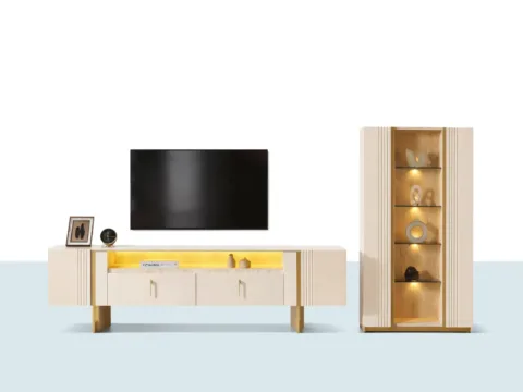 Moss TV Ünitesi Vitrinli – beyaz gövdeli, gold detaylı TV sehpası ve aydınlatmalı vitrin modülü
