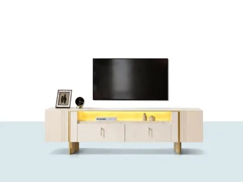 Moss TV ünitesi – beyaz gövdeli, gold detaylı, geniş yüzeyli TV ünitesi tasarımı