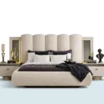 Verona Baza Basşlık Seti – başlık ve komodinlerle birlikte sergilenen yatak baza ürün görseli