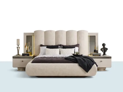 Verona Baza Basşlık Seti – başlık ve komodinlerle birlikte sergilenen yatak baza ürün görseli