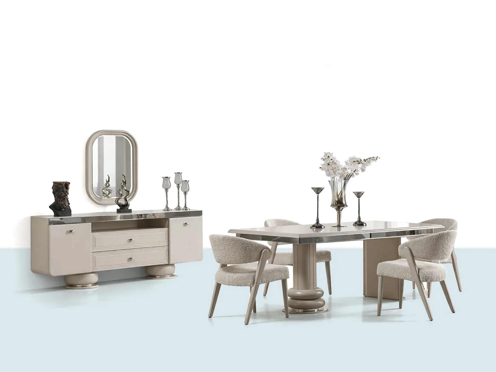 Verona Yemek Odası – Zamansız ve Dengeli Tasarım Verona yemek odası masa takımı ve TV ünitesi modern tasarım görünümü