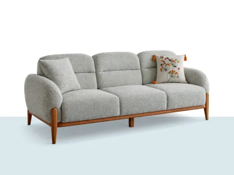 Alyona 3’lü kanepe, yumuşak kolçak formu ve ahşap ayak detaylarıyla modern üçlü koltuk