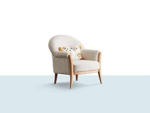 Alyona berjer, yuvarlak sırt formu ve ahşap ayak detaylarıyla modern tekli koltuk