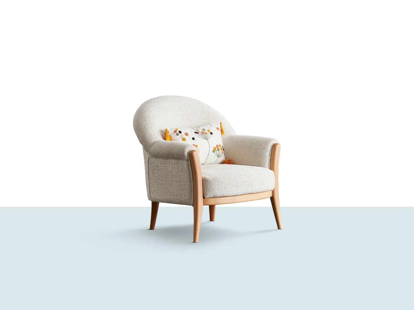 Alyona Berjer | Zarif Formlu Tekli Koltuk Alyona berjer, yuvarlak sırt formu ve ahşap ayak detaylarıyla modern tekli koltuk