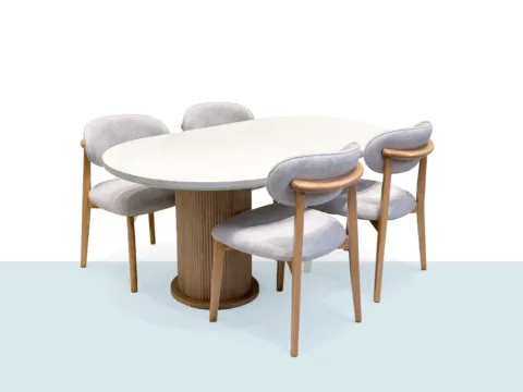 Sur masa takımı, oval ahşap masa ve döşemeli sandalyeler