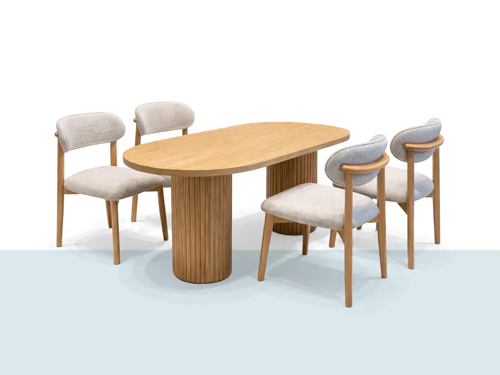 Sur Oval Masa Takımı – Ahşap Yemek Masası Seti Sur masa takımı, oval ahşap masa ve döşemeli sandalyeler