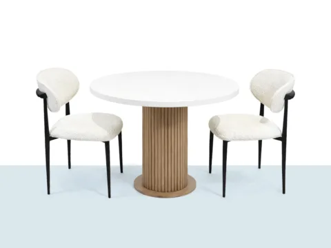 Gazel masa takımı; yuvarlak beyaz masa ve 2 adet kolçaklı sandalye