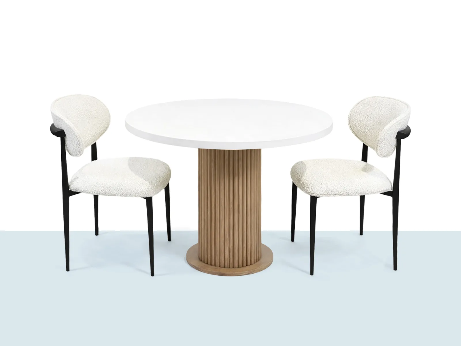 Gazel Masa Takımı – Yuvarlak Masa + 2 Sandalye Gazel masa takımı; yuvarlak beyaz masa ve 2 adet kolçaklı sandalye