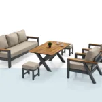 Ahşap görünümlü masa ve antrasit iskeletli Madrid bahçe oturma takımı