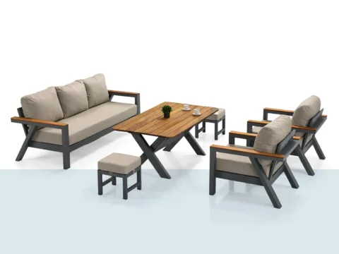 Ahşap görünümlü masa ve antrasit iskeletli Madrid bahçe oturma takımı