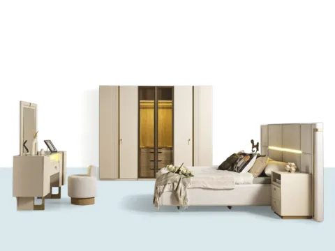 Moss Yatak Odası Takımı – karyola, gardırop, şifonyer, ayna ve puf/berjer (mavi ana görsel)