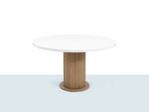 Gazel yuvarlak masa, beyaz tabla ve silindirik desenli ayak