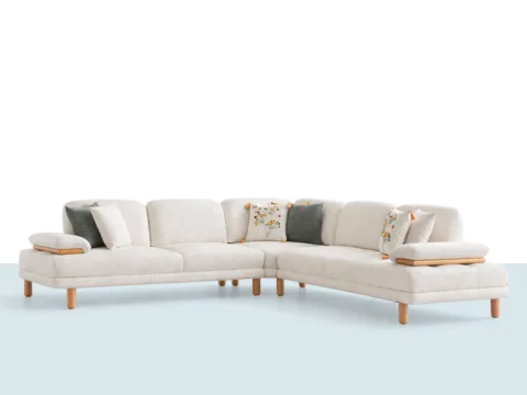 Açık krem tonunda, ahşap ayaklı ve yan sehpa detaylı modern köşe koltuk