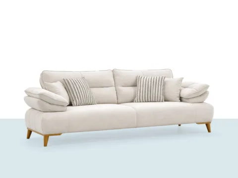 Toskana 3’lü Kanepe – krem renkli, yumuşak dokulu kumaş, ahşap ayaklı geniş oturum