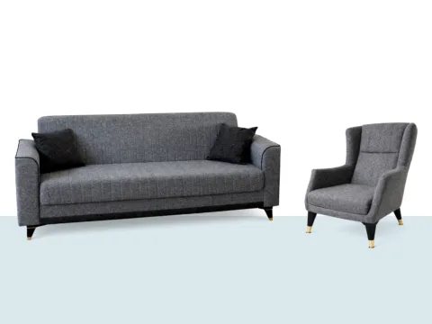 Niron Koltuk Takımı – gri üçlü kanepe ve berjerden oluşan modern salon takımı