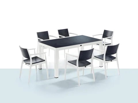 Niron Irmak Bahçe Takımı, masa ve sandalyelerden oluşan modern dış mekân yemek takımı