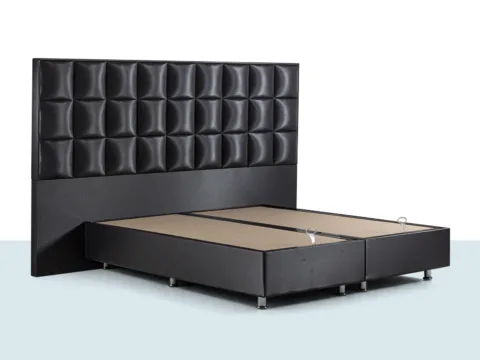 London Baza Seti – siyah deri görünümlü kumaş kaplı sandıklı baza ve kare kapitone başlık, çift kişilik