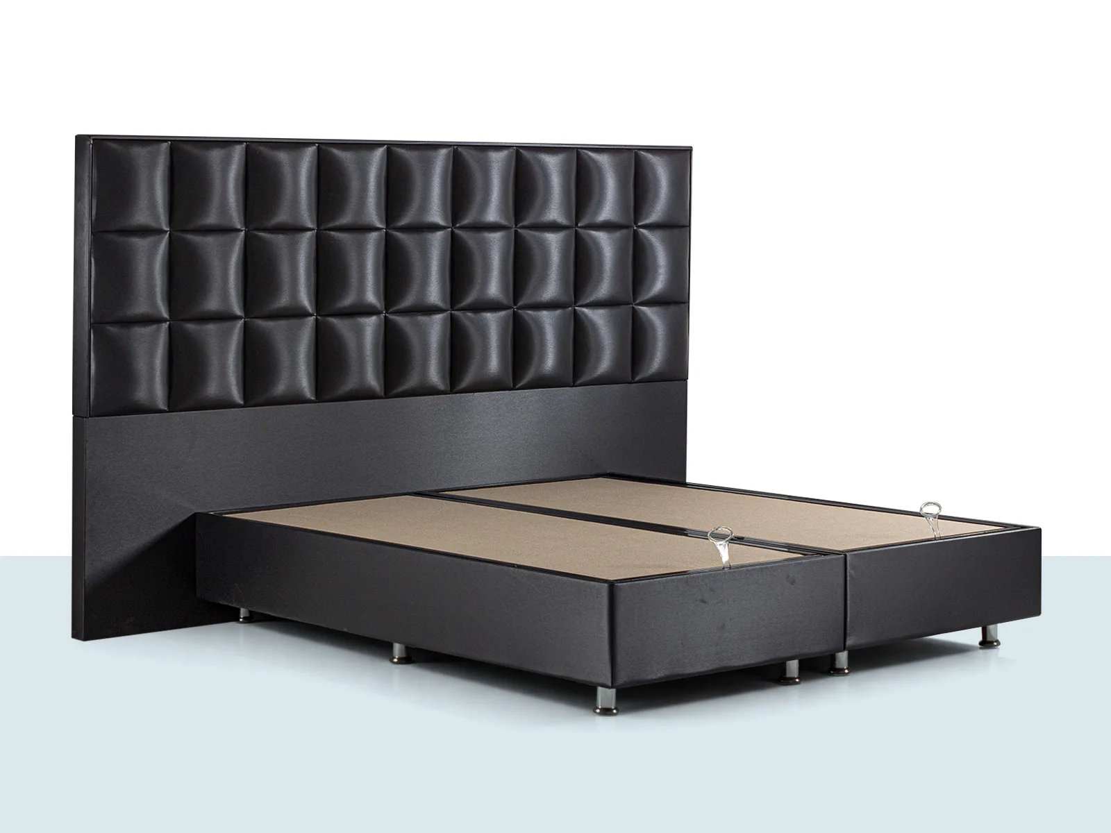 London Baza Başlık- London Baza Seti – siyah deri görünümlü kumaş kaplı sandıklı baza ve kare kapitone başlık, çift kişilik