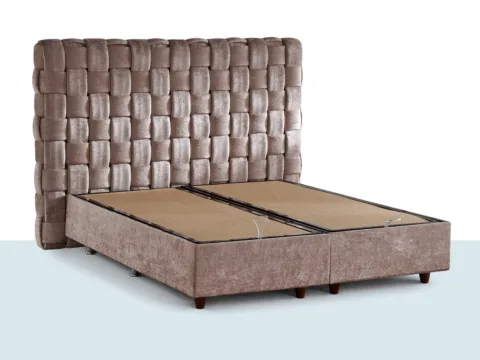 Monaco Baza Seti – bej tonlu kumaş kaplı sandıklı baza ve kare kapitone başlık, çift kişilik