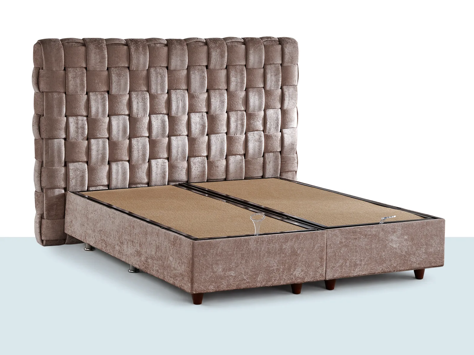 Monaco Baza Başlık Monaco Baza Seti – bej tonlu kumaş kaplı sandıklı baza ve kare kapitone başlık, çift kişilik