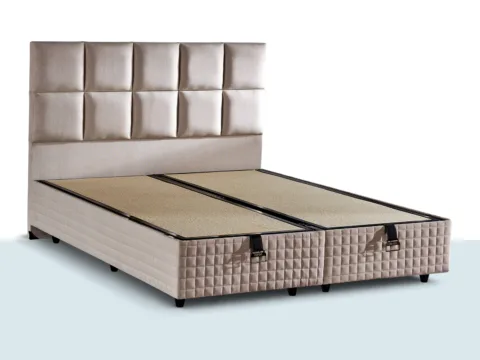 Star Baza Seti – kare panelli yüksek başlık ve kumaş kaplı sandıklı baza, çift kişilik